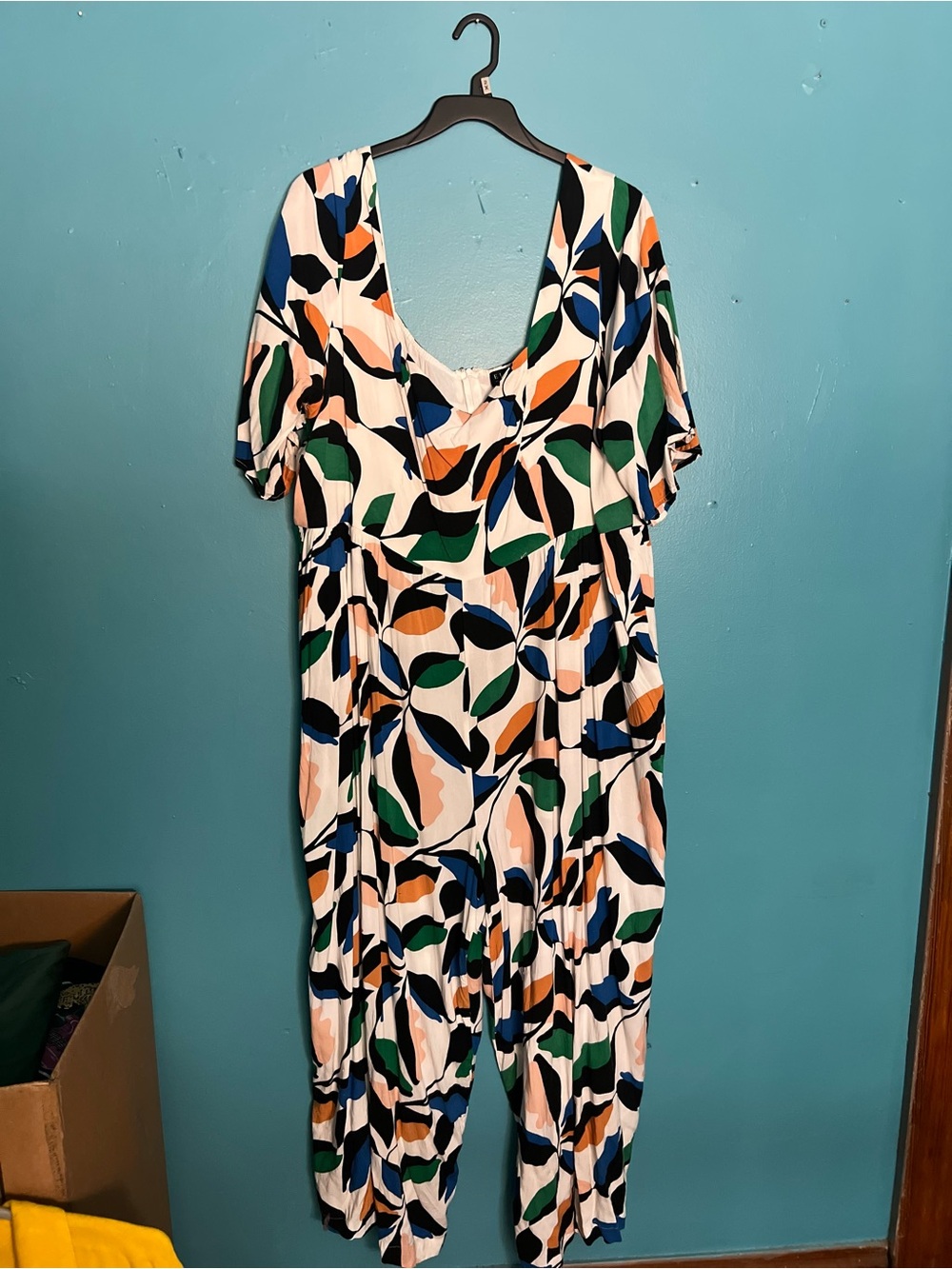 Eloquii Multicolor Leaf-Print Romper in White, Green, Blue & Orange
